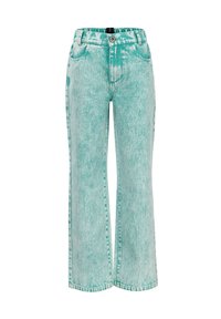 Wijdvallende jeans in een vervaagde teal kleur, gemaakt van denim met een licht gewassen textuur. Voorzien van voorzakken en klassieke stikdetails.