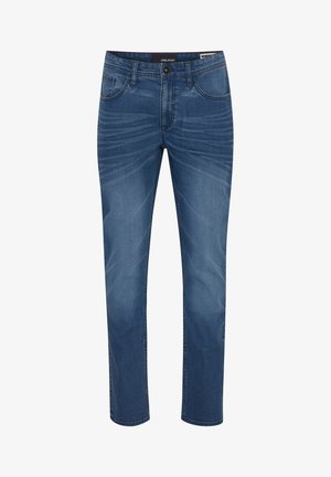 Denim-Jeans in einem mittleren Blauton mit geradem Schnitt. Zu den Merkmalen gehören das klassische Fünf-Taschen-Design und dezente Verblassungsmuster auf dem Stoff.
