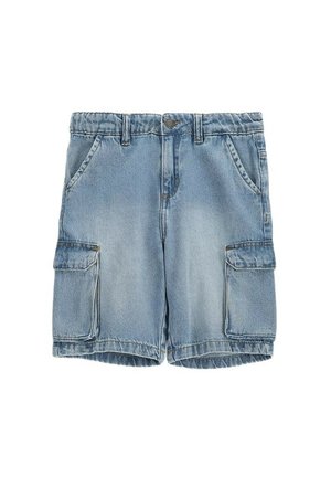 Jasnoniebieskie szorty cargo z denimu z elastyczną talią, przednim guzikiem, szlufkami na pasek, bocznymi kieszeniami oraz klapowymi kieszeniami cargo na każdej nodze.