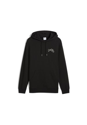Black hoodie with a front kangaroo pocket, adjustable drawstring hood, and a small white graphic on the left chest area. Soft fabric texture.