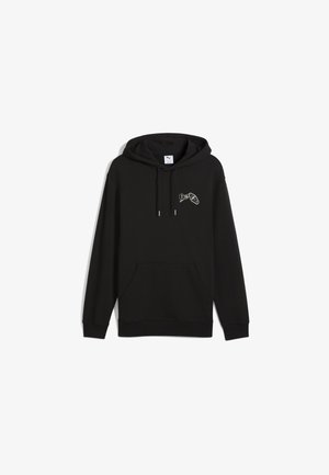 Zwarte hoodie met een voorste kangoeroezak, verstelbare trekkoordkap en een kleine witte print op het linker borstgebied. Zachte stofstructuur.