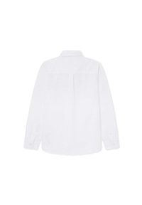 Biała koszula z długim rękawem i kołnierzykiem, z pojedynczym zakładką z tyłu oraz mankietami zapinanymi na guziki. Gładki materiał bez widocznych wzorów i dodatków.