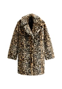 Kurtka z sztucznego futra w panterkę z szerokim kołnierzem, długimi rękawami i długością do kolan. Zaprojektowana z miękkiej tekstury i zapięciem na guziki.