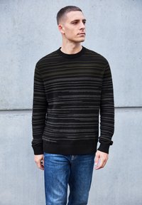 Black crew-neck sweater with green and gray horizontal stripes; ribbed cuffs and hem; worn over blue jeans; smooth fabric texture.