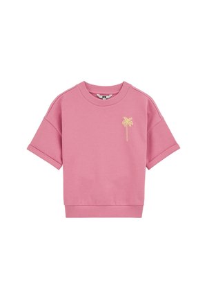 Felpa rosa a maniche corte con scollo, polsini e orlo a coste, decorata con una piccola palma gialla ricamata sul petto a sinistra.