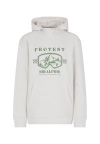 Felpa leggera beige con cappuccio, dotata di una tasca frontale e una grafica verde di montagne e alberi. Il testo recita "PROTEST SKIALPINE."