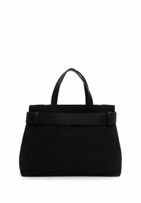 Sac à main en daim noir au design structuré, doté d'une bandoulière en cuir et de deux poignées courtes, idéal pour transporter les essentiels.