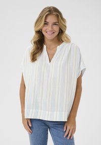 White short-sleeve top with light blue and yellow vertical stripes, featuring a notch neckline and a relaxed fit.