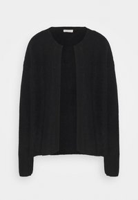 Cardigan nero aperto davanti realizzato in tessuto testurizzato. Presenta maniche lunghe e una vestibilità rilassata, con collo rotondo e senza chiusure visibili.
