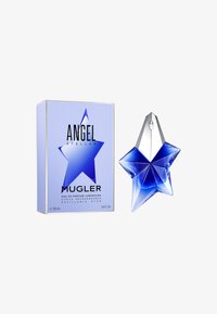 Il profumo Mugler Angel Stellar presenta una bottiglia a forma di stella blu con un design sfaccettato, abbinata a una scatola blu coordinata etichettata 'ANGEL STELLAR'.