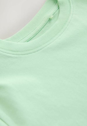 Mintrohelise värvusega puuvillane T-särk, millel on ümar kaelus ja pehme tekstuur, õrnade õmblusdetailidega kaela ja keha ümber.