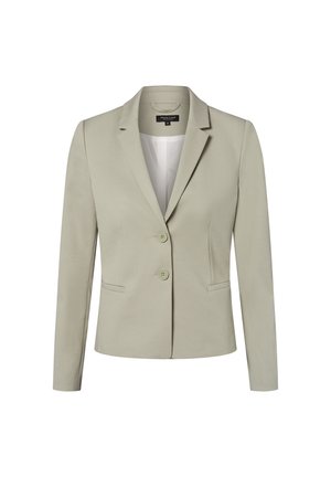 Hellgrauer Blazer mit Reverskragen, zwei Knöpfen und Fronttaschen. Hergestellt aus strukturiertem Stoff mit einer taillierten Passform.