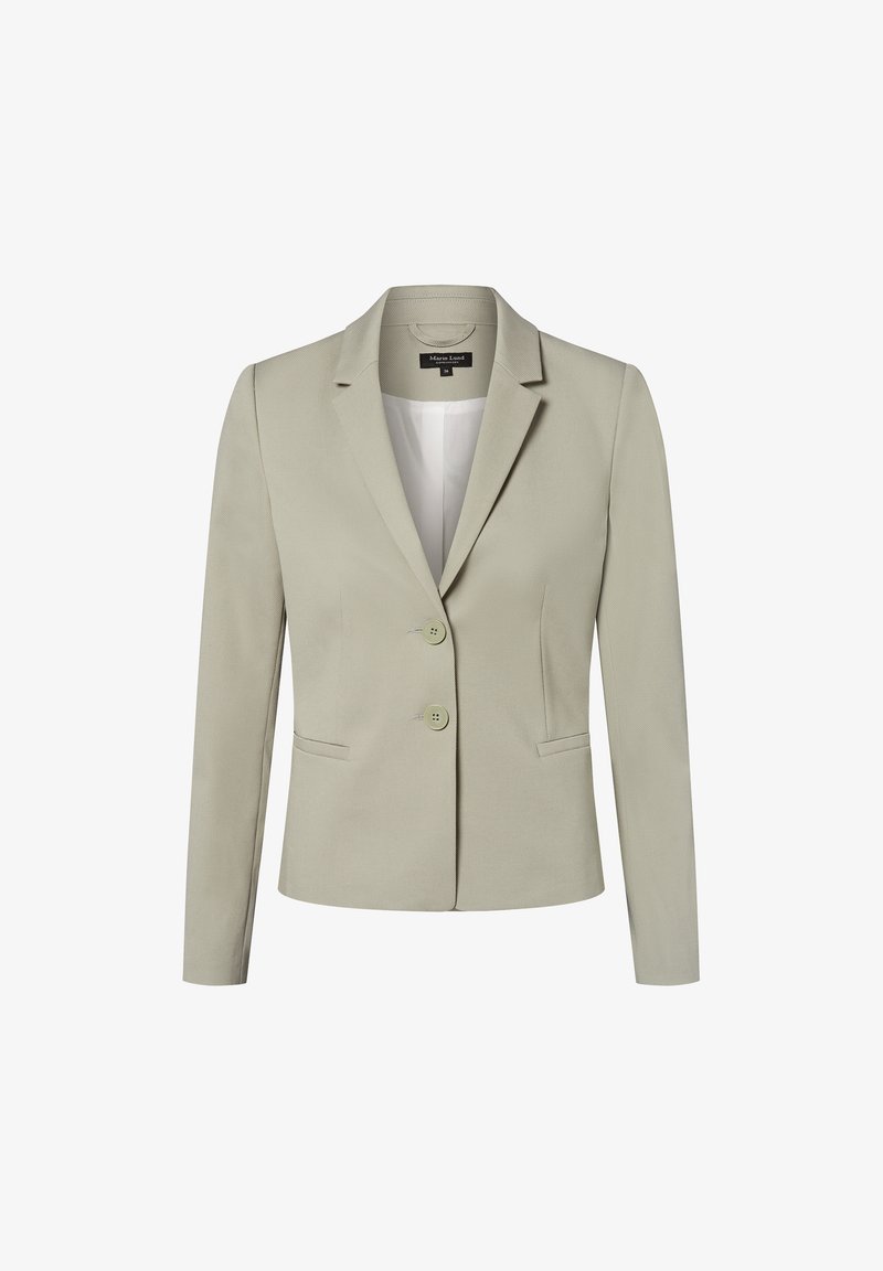 Jasnoszary żakiet z wykładanym kołnierzem, dwoma guzikami i przednimi kieszeniami. Wykonany z teksturowanej tkaniny o strukturalnym kroju.