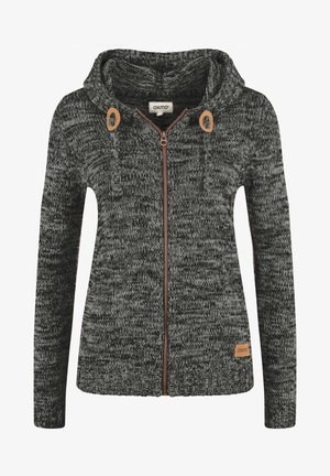 Knitted hoodie in black and grey with a zip front, adjustable drawstrings, and tan accents at the neck and hem. Brand tag located at the waist.