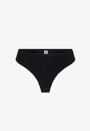 Zwarte slip gemaakt van een gladde stof met een hoge uitsnede. Beschikt over een naadloze tailleband en minimale achterkant bedekking. Eenvoudig en stijlvol.