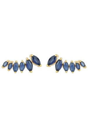 Paar goldene Ohrringe mit sechs blauem Marquise-Schliff-Edelsteinen, die in einem abgestuften, geschwungenen Design an jedem Ohrring angeordnet sind.