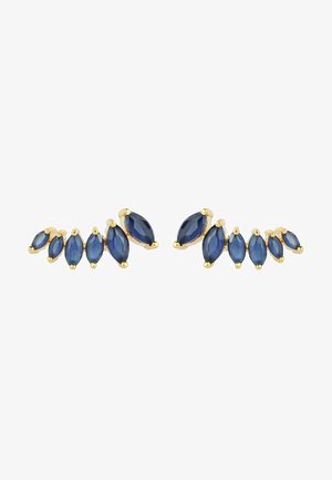 Paar goldene Ohrringe mit sechs blauem Marquise-Schliff-Edelsteinen, die in einem abgestuften, geschwungenen Design an jedem Ohrring angeordnet sind.