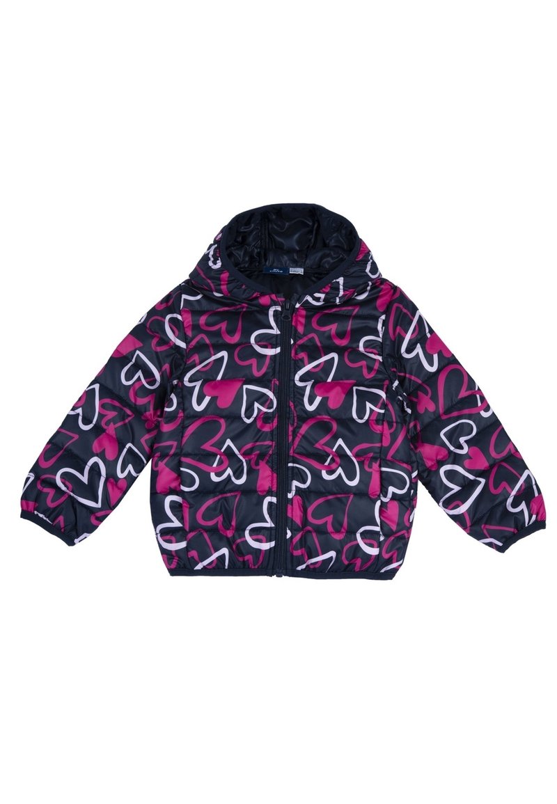 Padded jacket with a black background and large pink and white heart patterns. Features a hood and a front zipper closure.