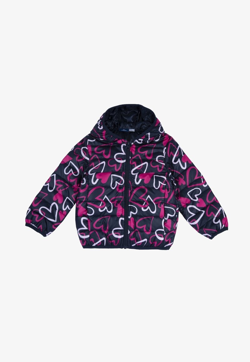 Padded jacket with a black background and large pink and white heart patterns. Features a hood and a front zipper closure.