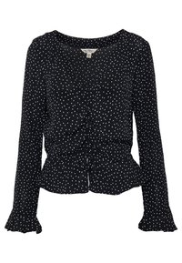 Blusa nera a maniche lunghe con pois bianchi, caratterizzata da un davanti arricciato, vita con coulisse e polsini svasati. Tessuto morbido al tatto.