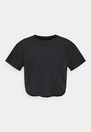 Black cropped t-shirt made of soft material, featuring a round neckline, short sleeves, and a relaxed fit. Subtle stitching details.