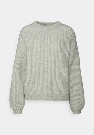 Light grey ribbed knit sweater with a round neckline and long, slightly puffed sleeves. Features a soft texture and relaxed fit.