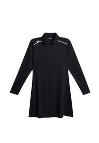 Schwarz langärmliges Polohemd-Kleid mit Kragen, Knopfleiste und dezenten weißen Linienakzenten in der Schulterbereich.