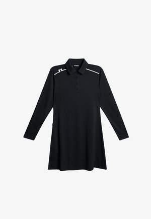 Musta pitkähihainen polo-mekko, jossa on kaulus, nappilista ja hienovaraiset valkoiset viivan korostukset olkapäiden lähellä.