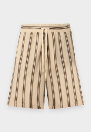 Beige Shorts mit vertikalen braunen Streifen, elastischem Bund und verstellbarem Kordelzug. Der Stoff wirkt strukturiert, mit einem legeren Design.