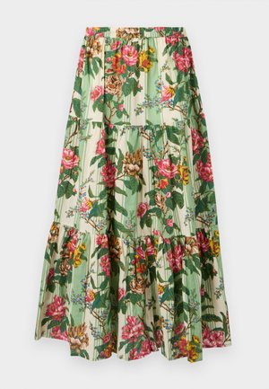 Blomster maxi-nederdel med et grønt og beige stribet mønster, der har lyserøde og gule blomster, samlet lag og en elastisk talje.