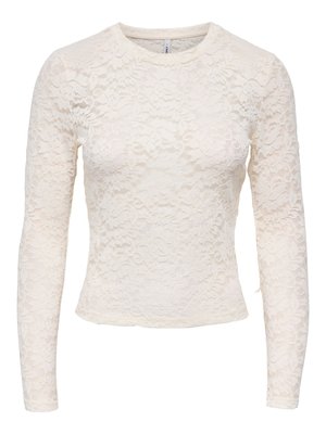 Biała bluzka z długim rękawem z koronki w kwiatowy wzór, z okrągłym dekoltem, dopasowanym krojem i lekko skróconą długością.