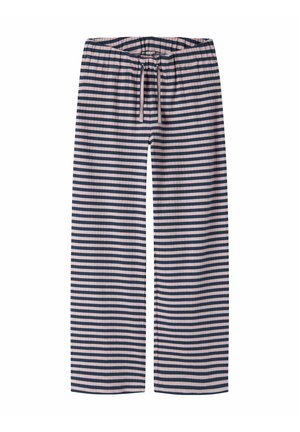 Loszittende broek met horizontale donkerblauwe en lichtroze strepen en een taillekoord op een witte achtergrond.