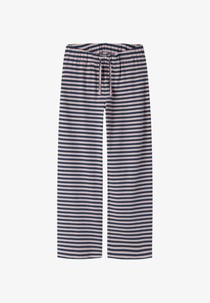 Pantalon ample à rayures horizontales bleu marine et rose clair avec taille à cordon sur fond blanc.