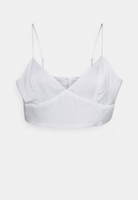 Bralette de cetim branco com decote em V, alças finas ajustáveis e formato cropped. Apresenta uma textura suave e fecho de zíper nas costas.