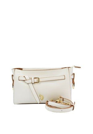 Borsa a tracolla in pelle bianca con fibbia dorata e logo, tracolla staccabile e dettagli marroni lungo i bordi.