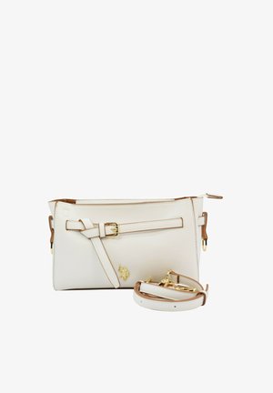 Borsa a tracolla in pelle bianca con fibbia dorata e logo, tracolla staccabile e dettagli marroni lungo i bordi.