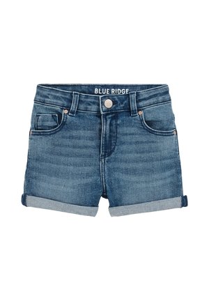 Blå denim shorts med opsmøgede kanter, forlommer, bæltestropper, knaplukning og "BLUE RIDGE" label på linningens inderside.
