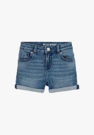 Niebieskie szorty z denimu z podwiniętym dołem, przednimi kieszeniami, szlufkami na pasek, zapięciem na guzik i etykietą "BLUE RIDGE" wewnątrz talii.