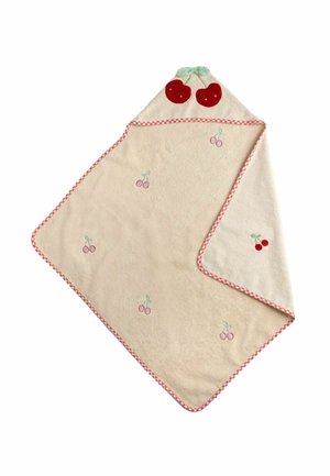 Creme babyhåndklæde med rød og pink kirsebærbroderi, rødt og hvidt ternet kantbånd og to store røde kirsebær på hættens hjørne.