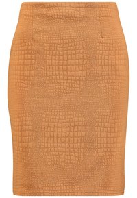 Zkrácená oranžová sukně z hladkého materiálu s texturovaným, reliéfním vzorem krokodýla. Design má hladký povrch a úhledné, šité linie.