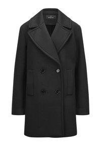 Schwarz doppelt gefütterter Mantel aus einem glatten Woll-Mix. Verfügt über breite Revers, zwei Fronttaschen und runde schwarze Knöpfe zum Schließen.