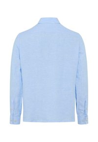 Light blue long-sleeve shirt made from textured fabric; features a standard collar and buttoned cuffs with two buttons on each sleeve.