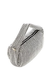 Borsa a forma arrotondata rivestita di cristalli, con cerniera nera e una sola tracolla. Presenta un motivo a scacchi in argento e nero.