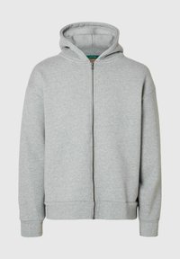 Grå hettejakke med glidelås, hette, brede ermer, ribbestrikkede mansjetter og kant, laget av mykt, tykt stoff med en glatt tekstur.