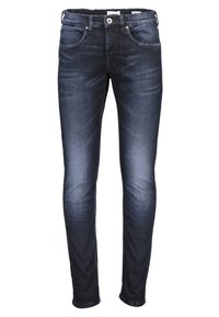 Dark blue denim jeans, skinny fit, five-pocket design, with subtle fading on thighs and a silver button closure at the waist.