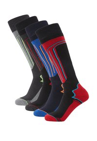 Four pairs of knee-high socks in gray, black, and blue, featuring vibrant colors and geometric patterns in contrasting threads.