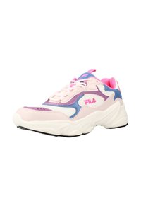 Pink and white athletic shoe with blue and purple accents. Features a chunky sole, mesh panels, and a logo on the side.