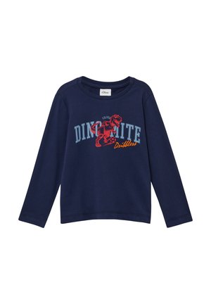 Navyblaues Langarm-T-Shirt aus Baumwolle mit einem Dinosaurier-Graphic in Rot und Blau sowie dem Text "Dino-nite Dribblers" darunter. Rundhalsausschnitt.