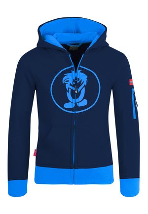 Marineblauer Kapuzenpullover mit blauem Innenfutter und Akzenten, ausgestattet mit einem großen blauen Logo, vorderen Taschen und einer Reißverschlusstasche am Ärmel.