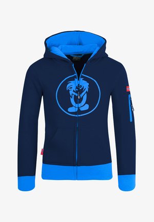 Navy hoodie with a blue interior and accents, featuring a large blue logo, front pockets, and a zippered sleeve pocket.